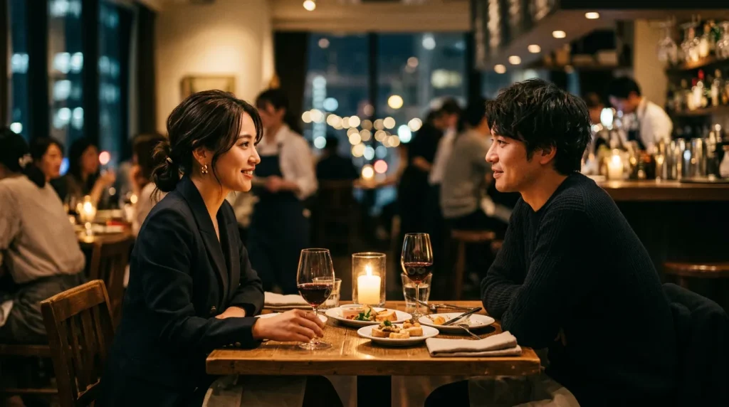 夜のレストランでワインを前に、笑顔で見つめ合うカップル