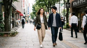 昼間の街中を笑顔で並んで歩くカップル