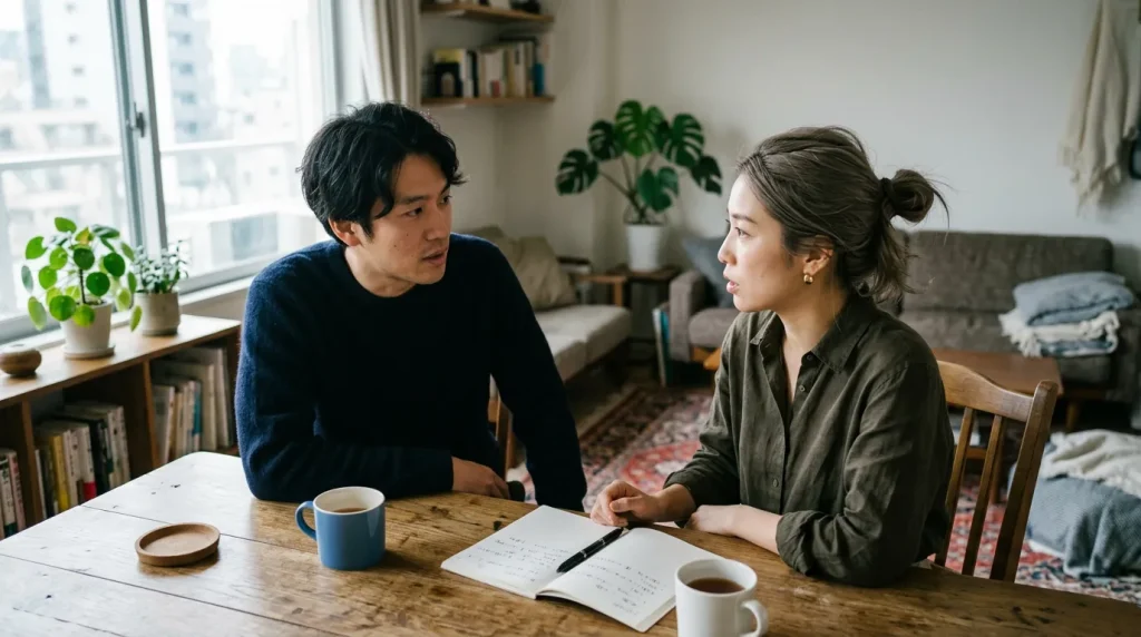 自宅のテーブルでノートを広げ、真剣に話し合うカップル