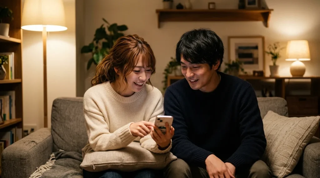 夜のリビングのソファで、一緒にスマートフォンを見て笑い合うカップル